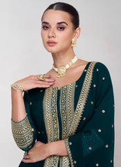 Dark Green Embroidery Slit Style Suit with Palazzo