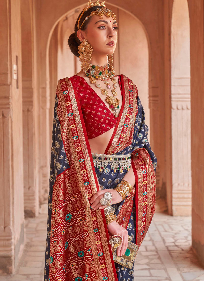 Appealing Blue and Red Patola Silk Saree - nirshaa