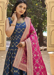 Designer Ready to Wear Navy Blue and Magenta Jacquard Salwar Kameez - nirshaa