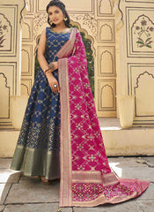 Designer Ready to Wear Navy Blue and Magenta Jacquard Salwar Kameez - nirshaa