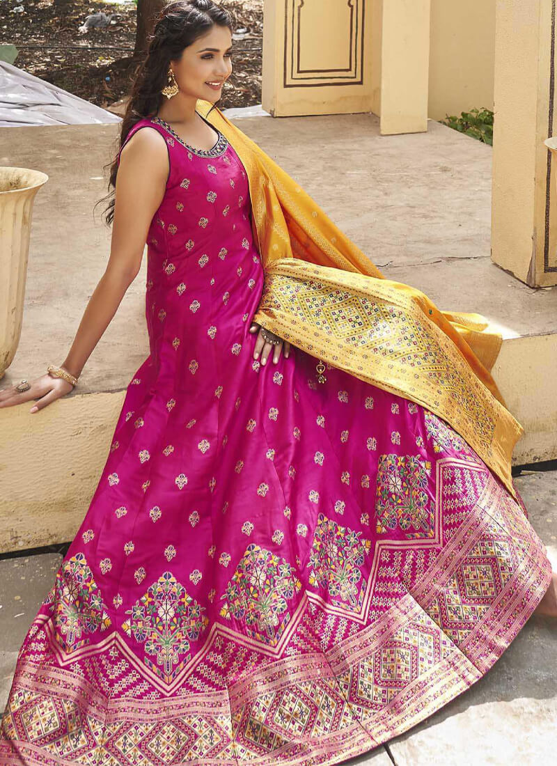Designer Ready to Wear Rani and Yellow Jacquard Gown - nirshaa