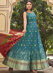 Designer Ready to Wear Firozi and Rani Jacquard Gown - nirshaa