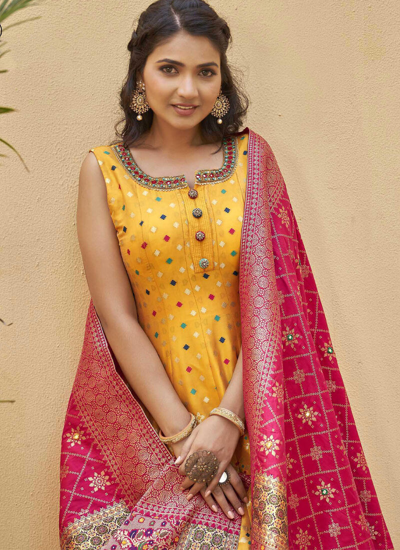Designer Ready to Wear Yellow and Red Jacquard Gown - nirshaa