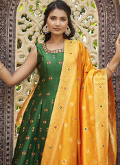 Designer Ready to Wear Green and Yellow Jacquard Gown - nirshaa