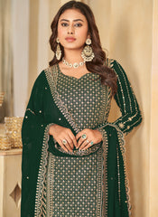 Dark Green Embroidered Georgette Sharara Style Suit