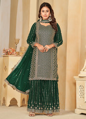 Dark Green Embroidered Georgette Sharara Style Suit