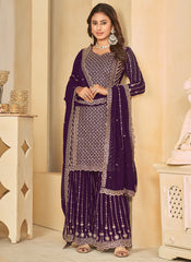 Purple Embroidered Georgette Sharara Style Suit