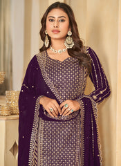 Purple Embroidered Georgette Sharara Style Suit