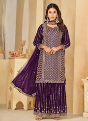 Purple Embroidered Georgette Sharara Style Suit