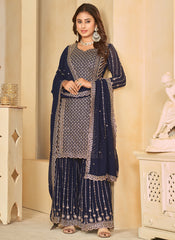 Navy Blue Embroidered Georgette Sharara Style Suit