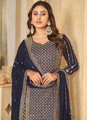 Navy Blue Embroidered Georgette Sharara Style Suit
