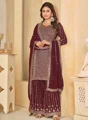 Maroon Embroidered Georgette Sharara Style Suit