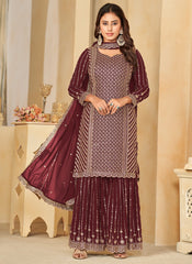 Maroon Embroidered Georgette Sharara Style Suit