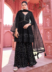 Black Embroidered Georgette Palazzo Style Suit