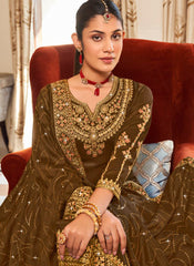 Brownish Green Silk Straight Cut Style Suit