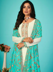 White and Sea Green Georgette Straight Cut Style Suit