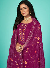 Purple Embroidered Organza Straight Cut Suit