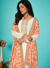 White and Peach Georgette Straight Cut Style Suit