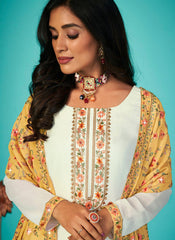 White and Yellow Georgette Straight Cut Style Suit