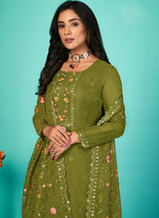 Olive Green Embroidered Organza Straight Cut Style Suit