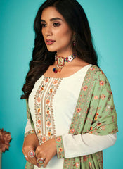 White and Pista Green Georgette Straight Cut Style Suit