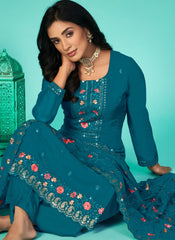 Blue Embroidered Organza Straight Cut Style Suit