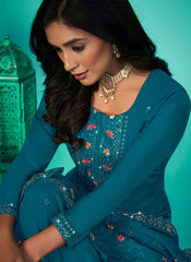 Blue Embroidered Organza Straight Cut Style Suit
