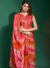 Charming Pink and Orange Printed Chiffon Party Wear Saree - nirshaa