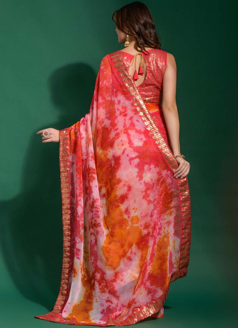 Charming Pink and Orange Printed Chiffon Party Wear Saree - nirshaa