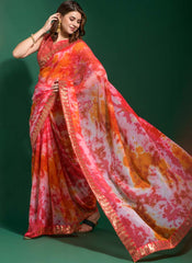 Charming Pink and Orange Printed Chiffon Party Wear Saree - nirshaa