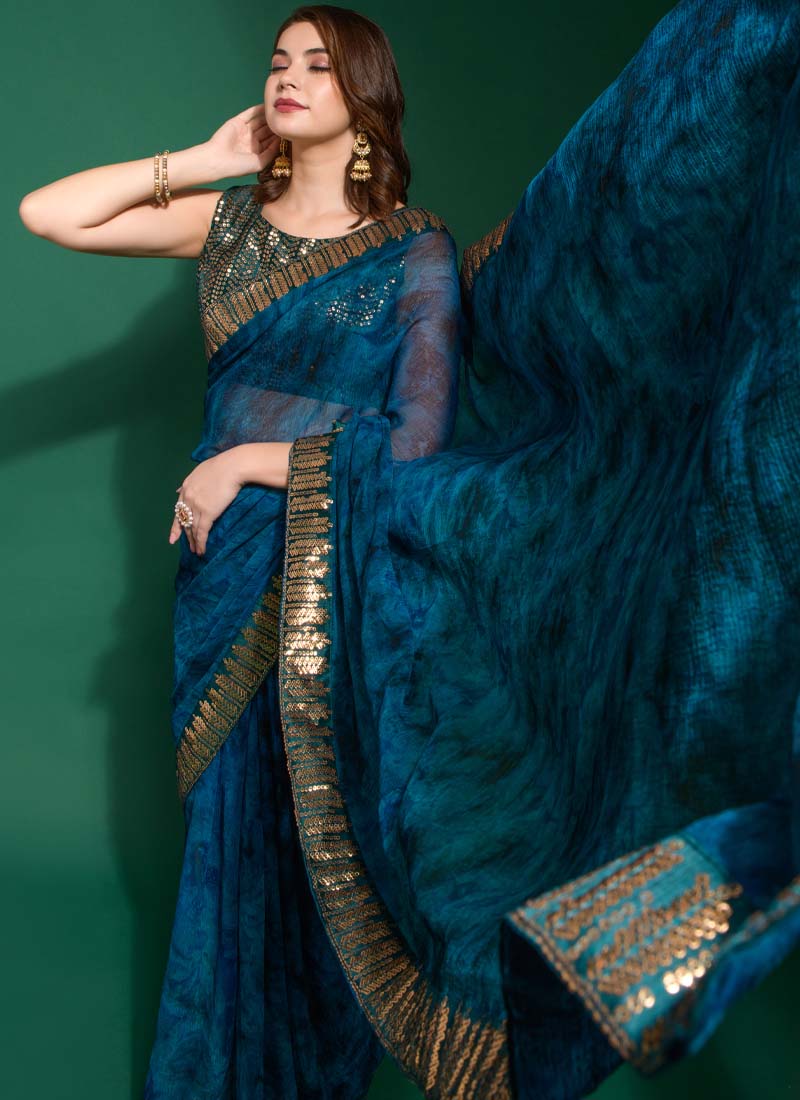 Dinvine Blue Printed Chiffon Party Wear Saree - nirshaa