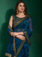 Dinvine Blue Printed Chiffon Party Wear Saree - nirshaa