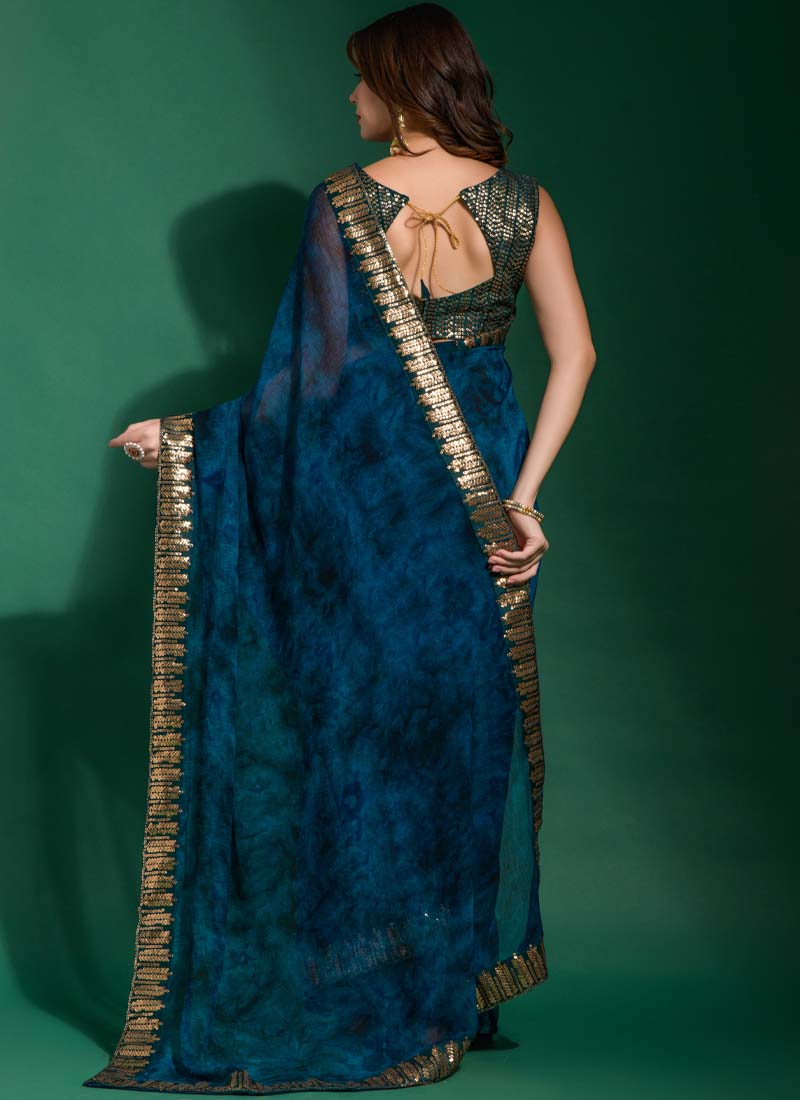 Dinvine Blue Printed Chiffon Party Wear Saree - nirshaa