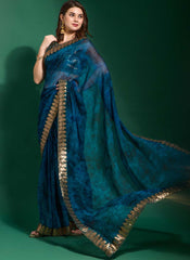 Dinvine Blue Printed Chiffon Party Wear Saree - nirshaa