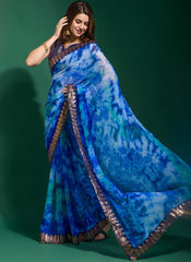 Lovely Blue Chiffon Printed Party Wear Saree - nirshaa