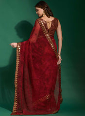 Beautiful Maroon Chiffon Printed Party Wear Saree - nirshaa