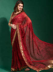 Beautiful Maroon Chiffon Printed Party Wear Saree - nirshaa