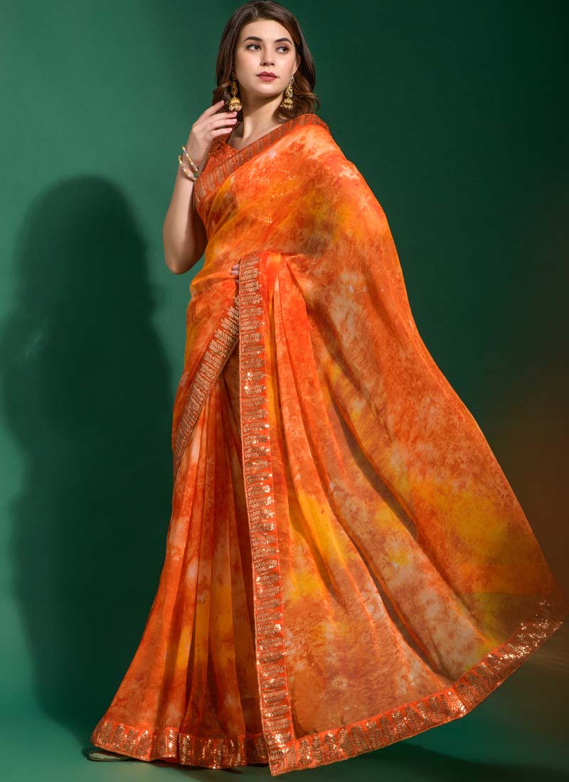 Beautiful Orange Chiffon Printed Party Wear Saree - nirshaa