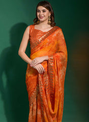 Beautiful Orange Chiffon Printed Party Wear Saree - nirshaa