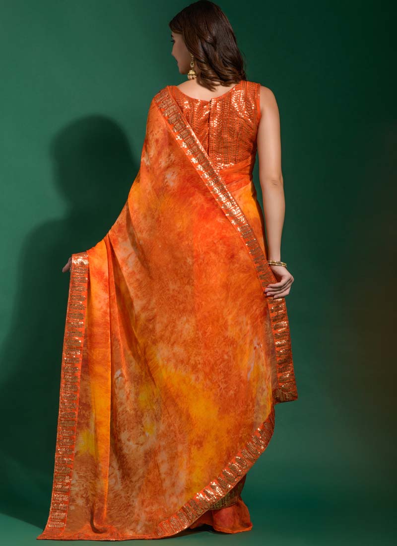 Beautiful Orange Chiffon Printed Party Wear Saree - nirshaa