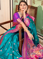 Woven Firozi Soft Peshwai Paithani Silk