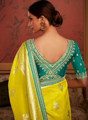 Woven Yellow and Rama Green Dola Silk Saree