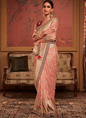 Woven Dusty Pink and Maroon Dola Silk Saree