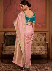 Woven Baby Pink and Firozi Dola Silk Saree