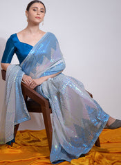 Firozi and White Sequins Gerogette Party Wear Saree - nirshaa