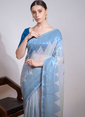 Firozi and White Sequins Gerogette Party Wear Saree - nirshaa