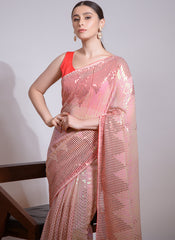 White and Orange Sequins Gerogette Party Wear Saree - nirshaa