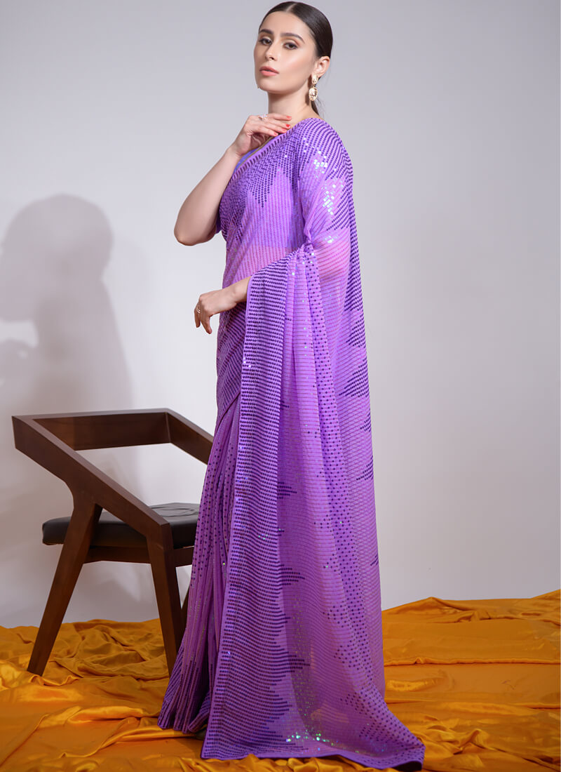 Purple Sequins Gerogette Party Wear Saree - nirshaa