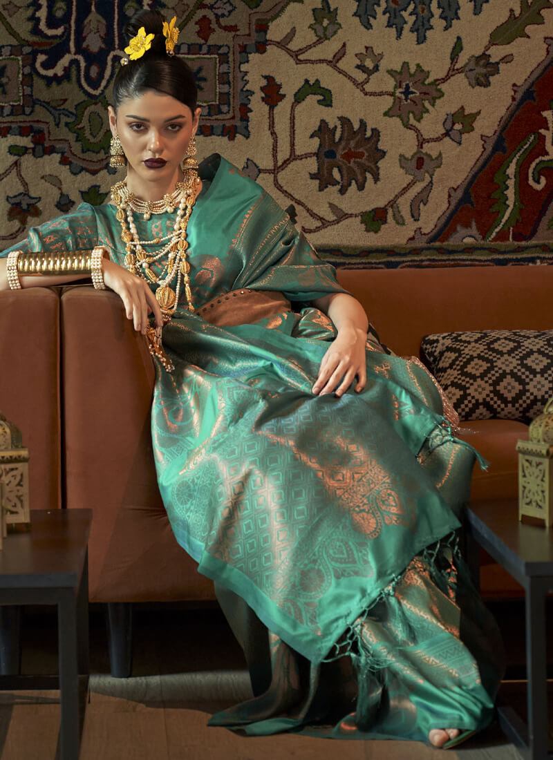 Woven Cyan Blue Partywear Silk Saree - nirshaa