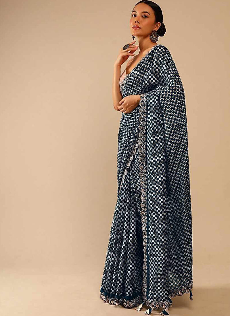 Stunning Navy Blue Georgette Printed Saree - nirshaa